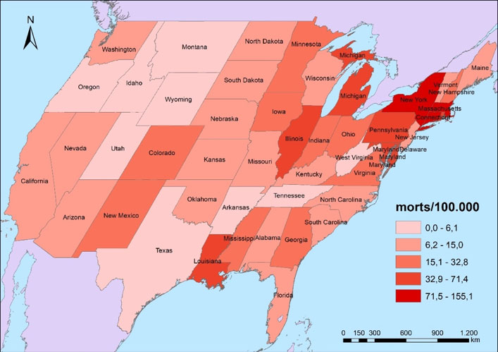 Figura 5. Mortalitat per COVID-19 als Estats Units per estats federats (4/6/2020)